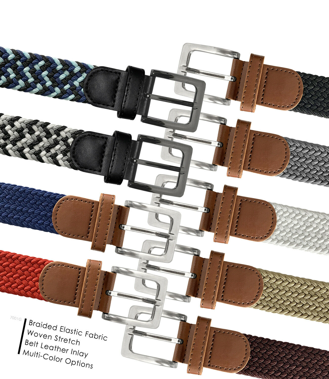 7001g Men's Stretch Belt Braided Elastic Casual Woven Canvas Fabric Belt 1-3/8"