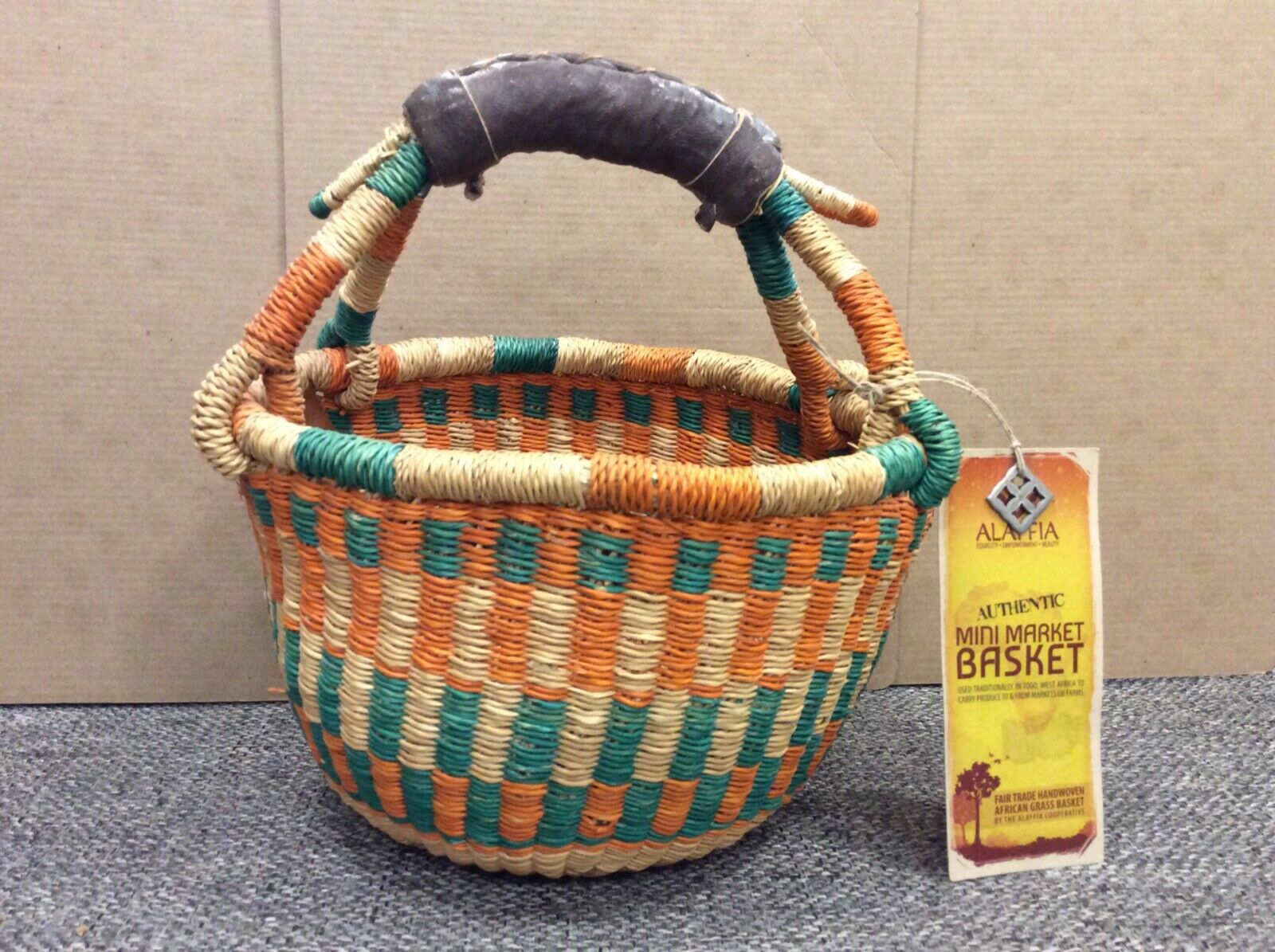 Hand Woven Grass Market Basket Signed Africa Fair Trade Alaffia Rustic Boho